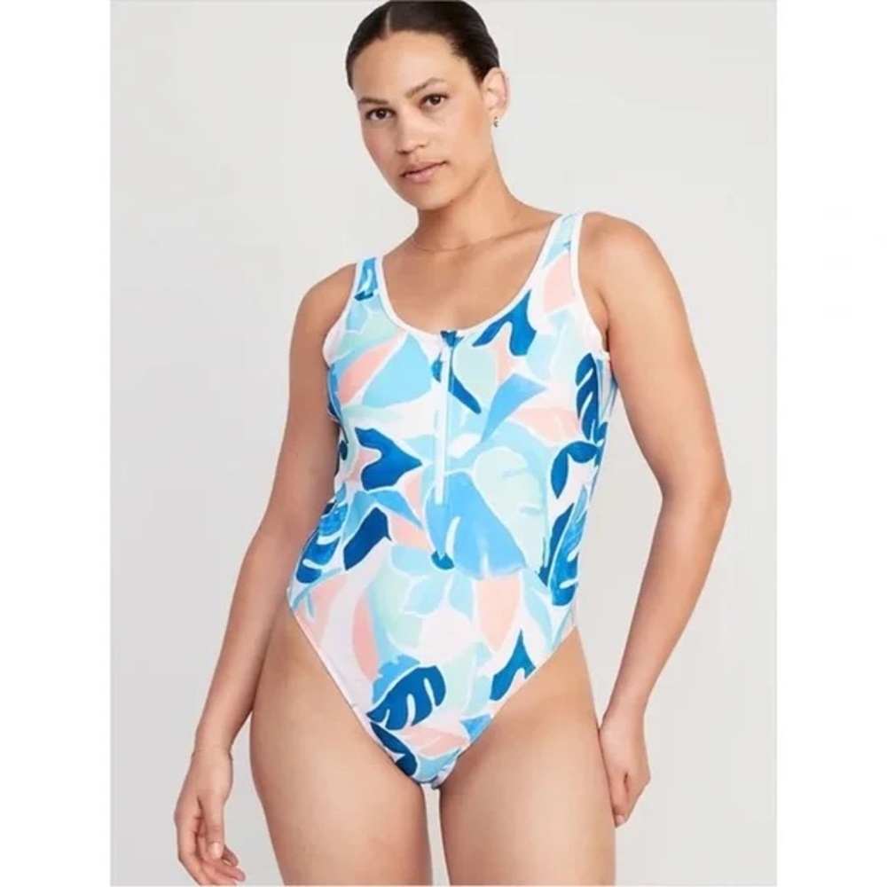 NWT Old Navy Half Zip Floral Blue and  Pink One Piece Swimsuit Plus Size